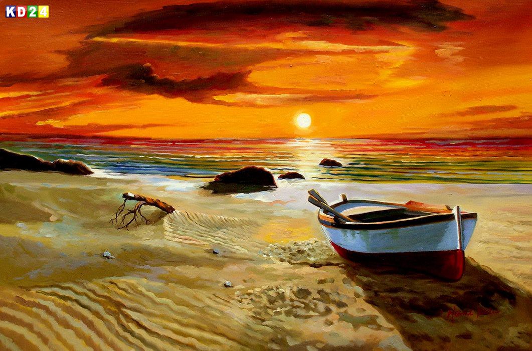 Sonnenuntergang am Strand von Monaco d83257 60x90cm mediterranes Ölbild