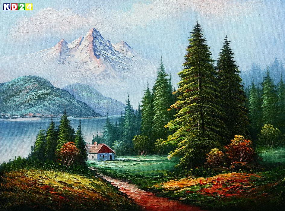 Romantische Berghütte am Alpensee a82604 30x40cm Ölbild handgemalt