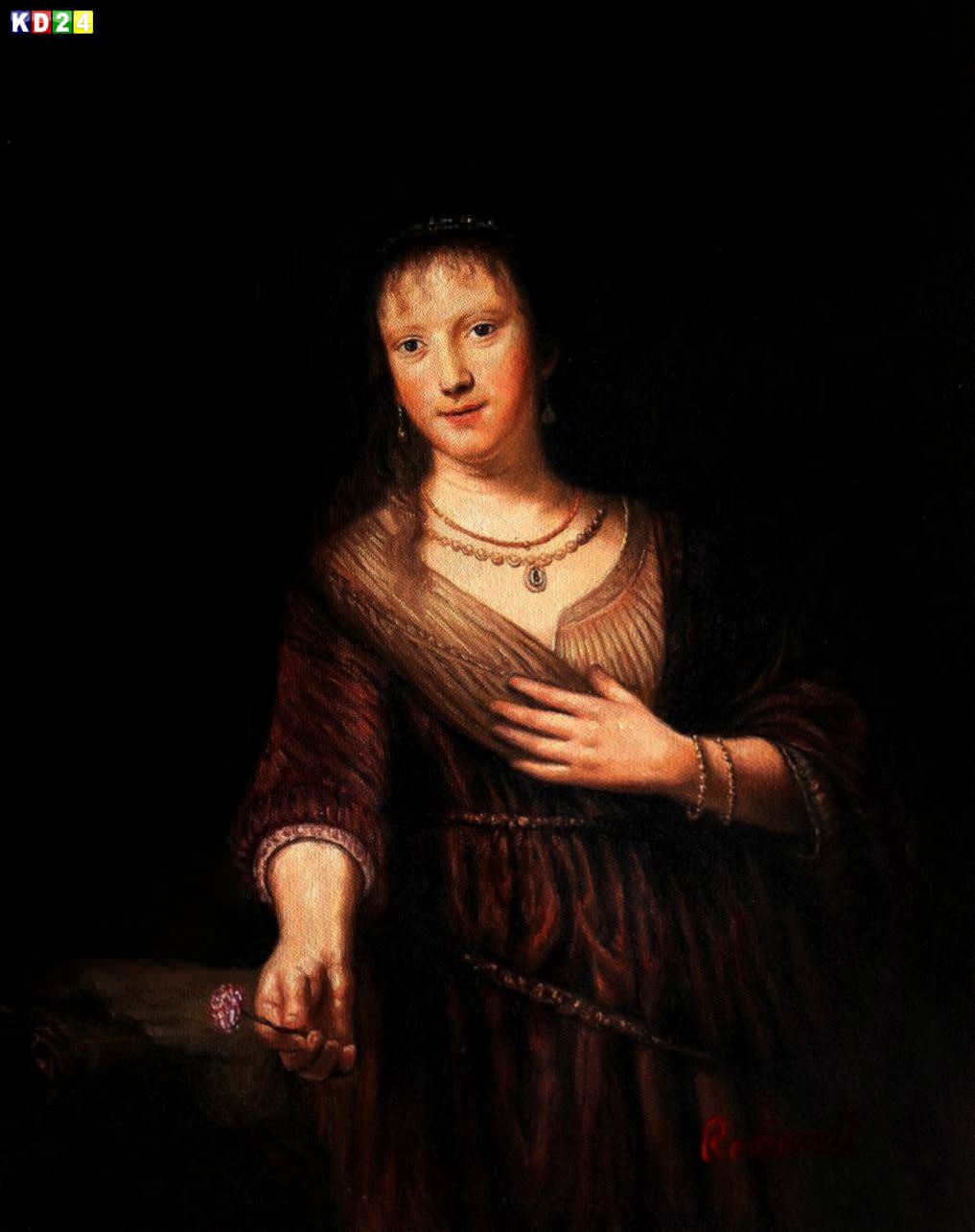 Rembrandt - Saskia mit einer Blume a81949 30x40cm großartiges Ölgemälde Museumsqualität